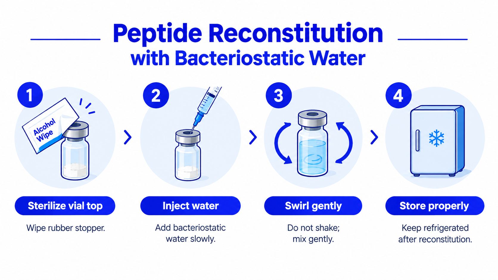 A step-by-step infographic showing how to reconstitute peptides using bacteriostatic water, including cleaning, injecting, swirling, and storage.