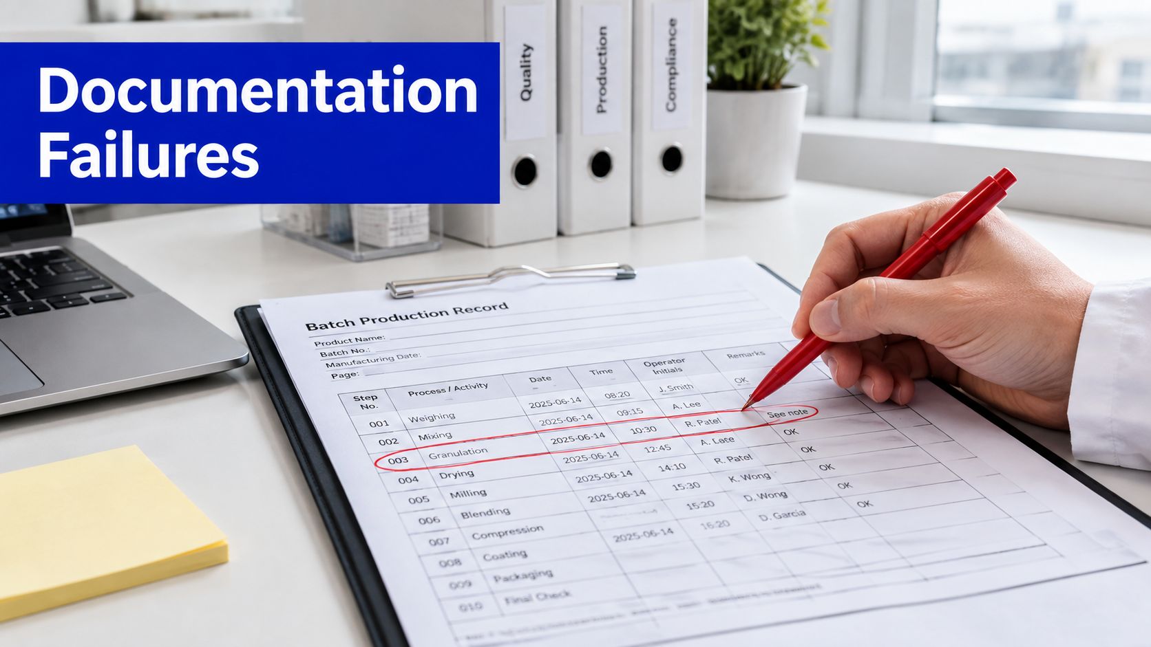 A professional holding a red pen marking errors on a batch production record document in an office.