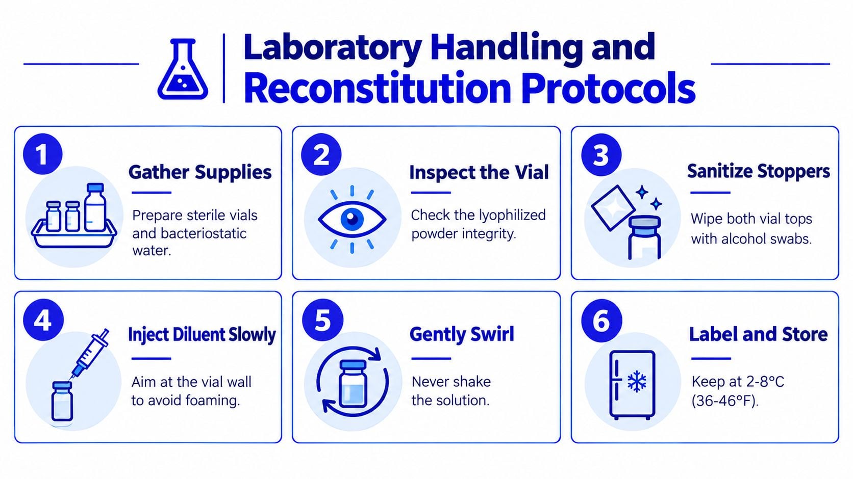 A six-step infographic detailing the professional protocol for laboratory vial handling and medication reconstitution processes.