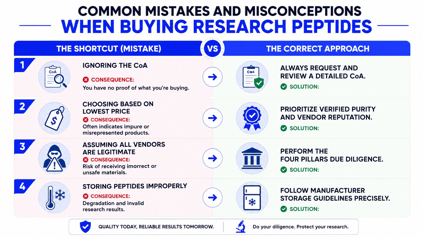 A comparison chart outlining four common mistakes and correct approaches when purchasing research peptides online.