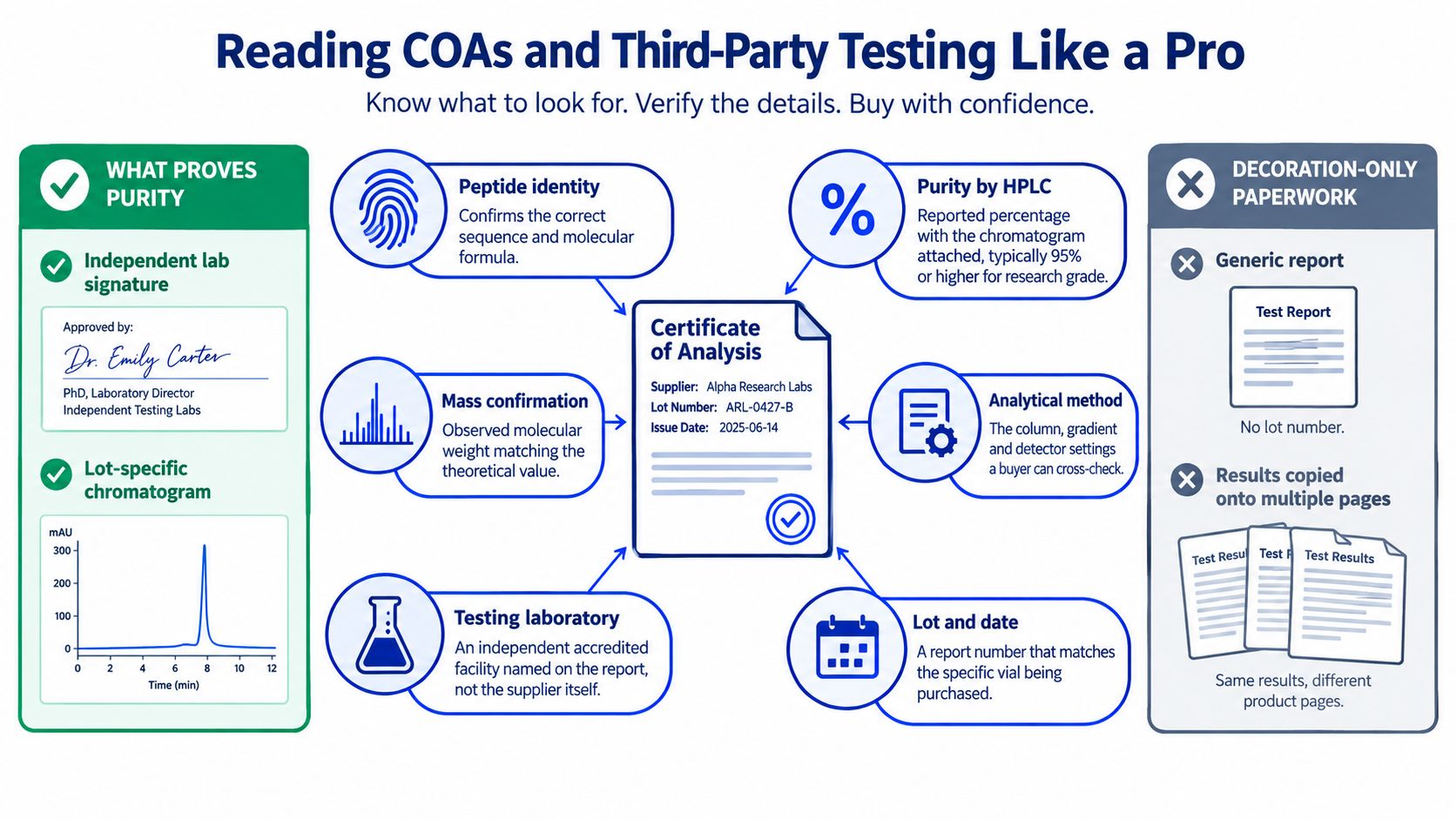 An infographic titled Reading COAs and Third-Party Testing Like a Pro explaining how to verify quality.