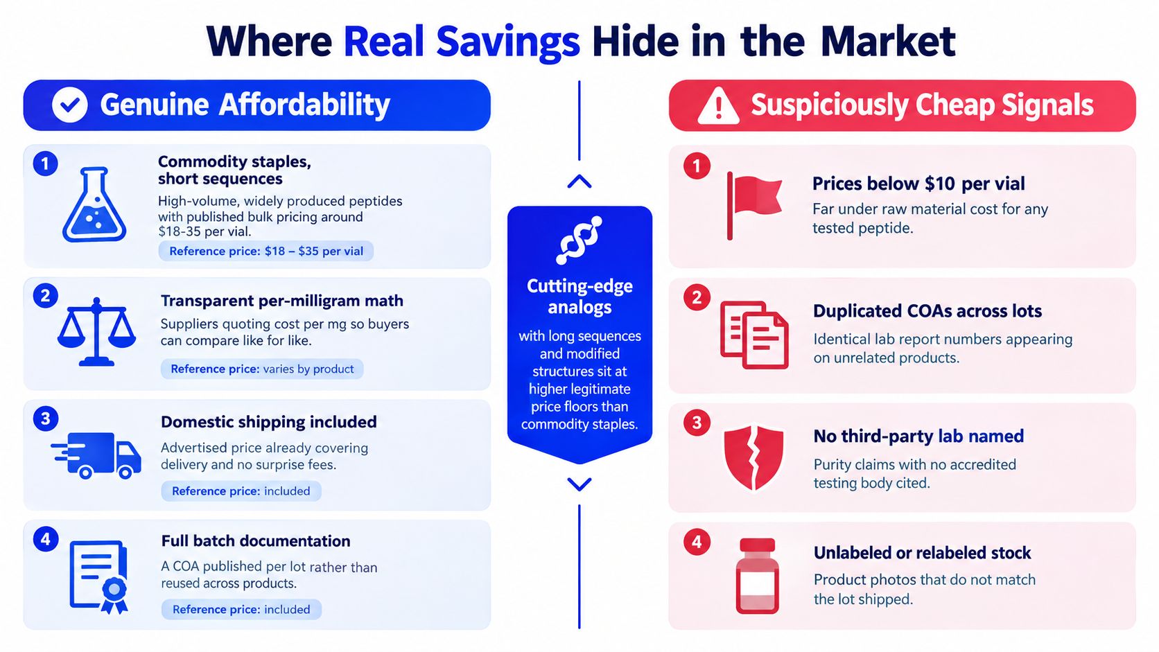 A chart explaining how to identify genuine peptide affordability versus suspicious low-cost pricing signals in the market.