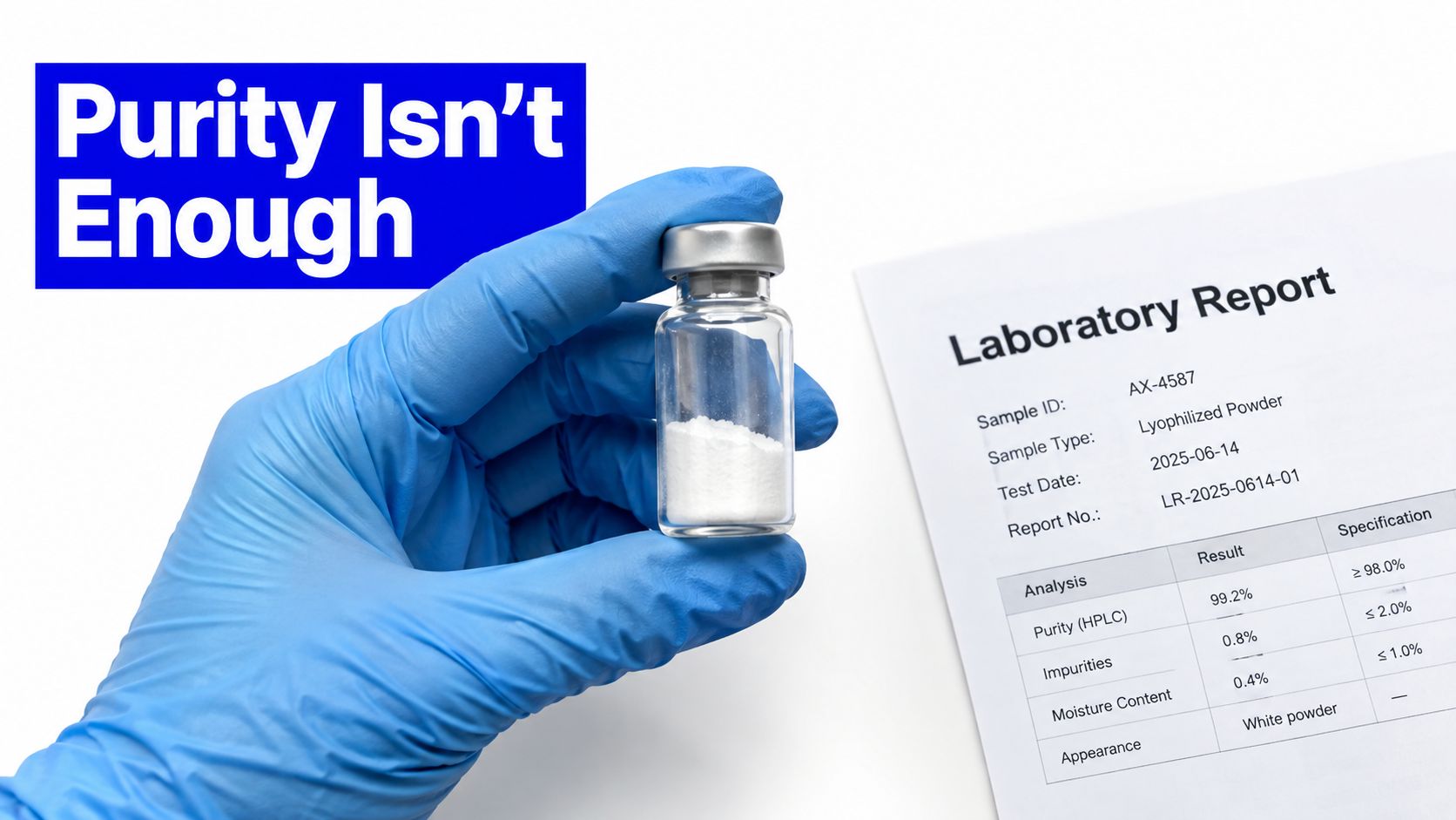 A scientist in a blue glove holding a vial of lyophilized powder next to a laboratory report.