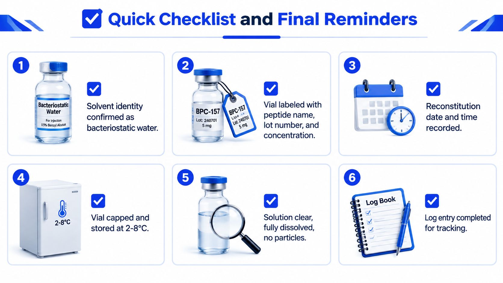 A six-step instructional infographic showing the quick checklist and final reminders for safely reconstituting peptide medications.