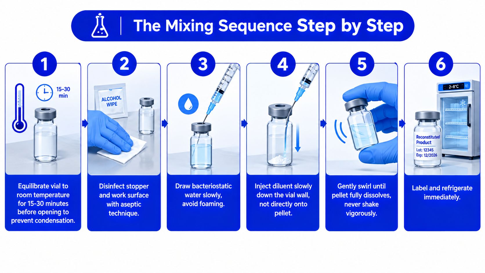 A six-step infographic demonstrating the aseptic process for reconstituting a medication vial with diluent.