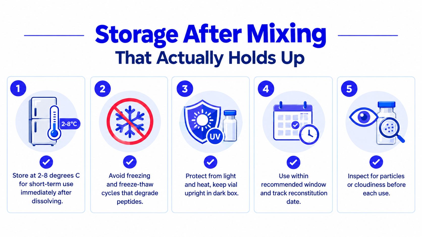 A five-step infographic guide on the proper storage procedures for mixed peptides to maintain their stability and safety.