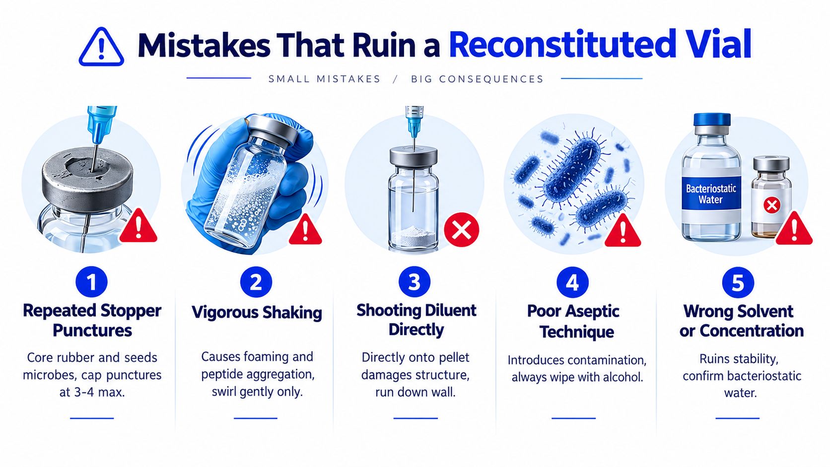 An infographic detailing five common mistakes to avoid when reconstituting a medicinal vial for stability.