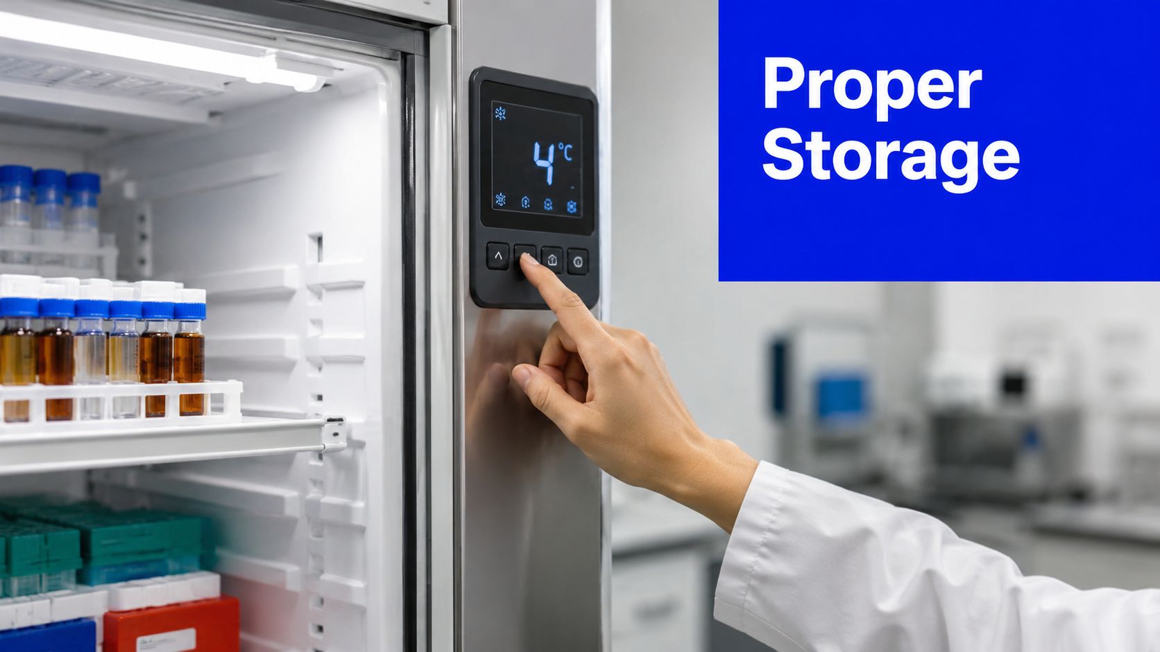 A laboratory technician adjusting the temperature setting on a digital display of a scientific storage refrigerator.