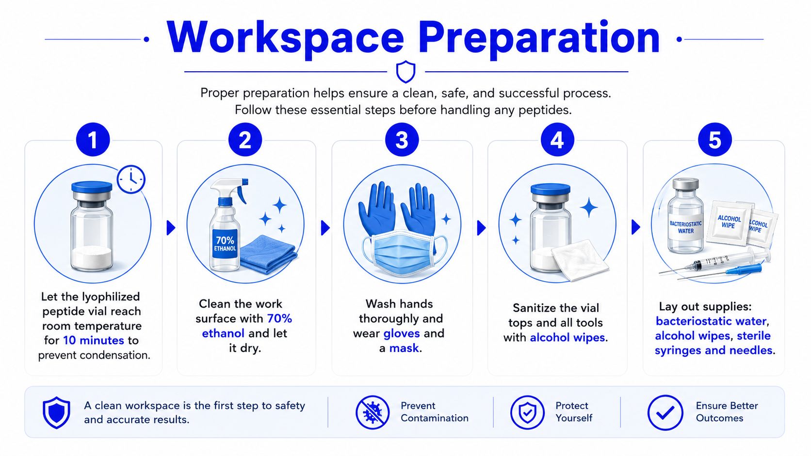 A step-by-step infographic illustrating five essential safety preparations for handling and reconstituting peptide vials.