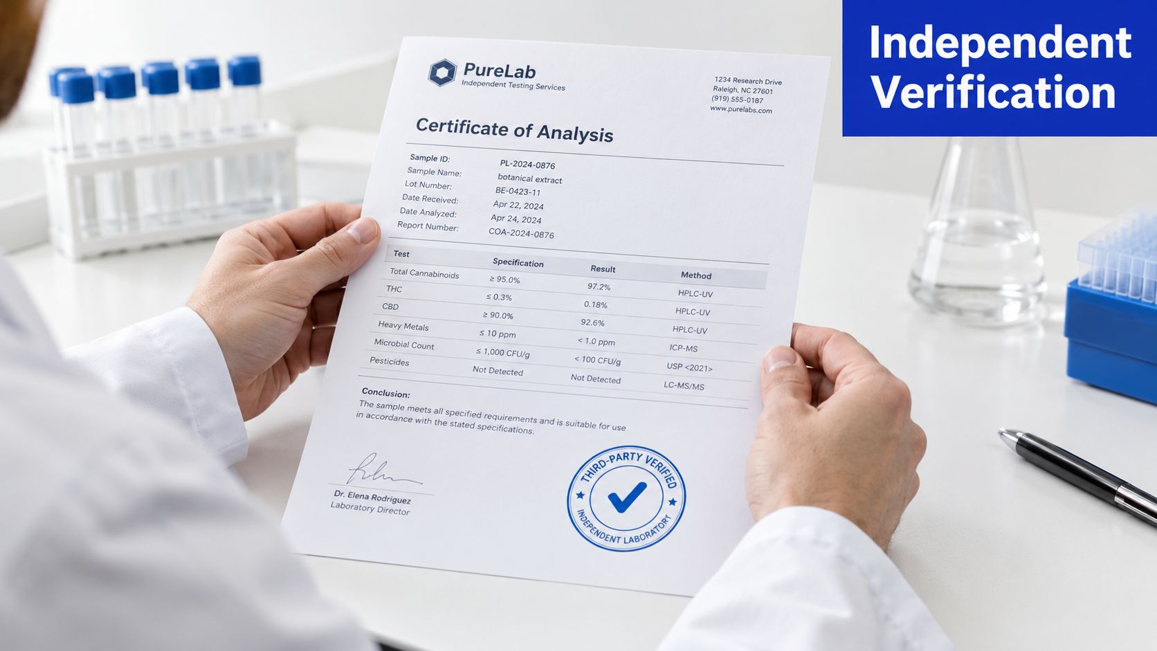 A laboratory scientist holds a PureLab Certificate of Analysis report confirming independent testing results for a sample.