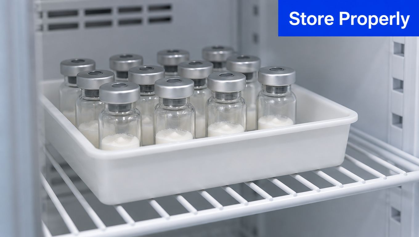 Several glass medicine vials with silver caps are neatly organized inside a white storage tray in a refrigerator.