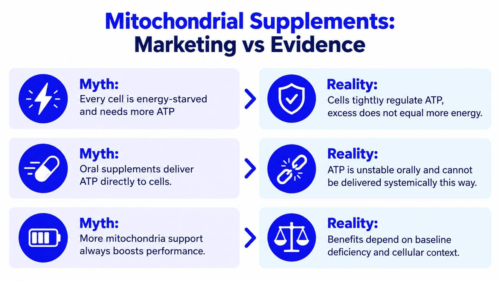 An infographic contrasting common marketing myths versus scientific realities regarding mitochondrial supplements and cellular energy production.