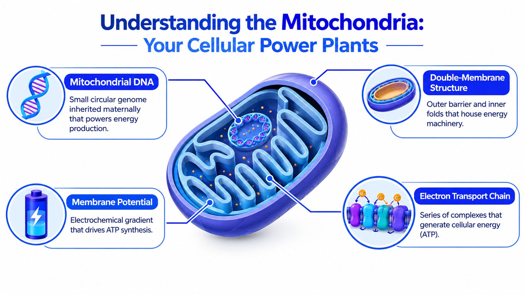 A diagram illustrating the biological structure of a mitochondrion and its key components like DNA and membranes.