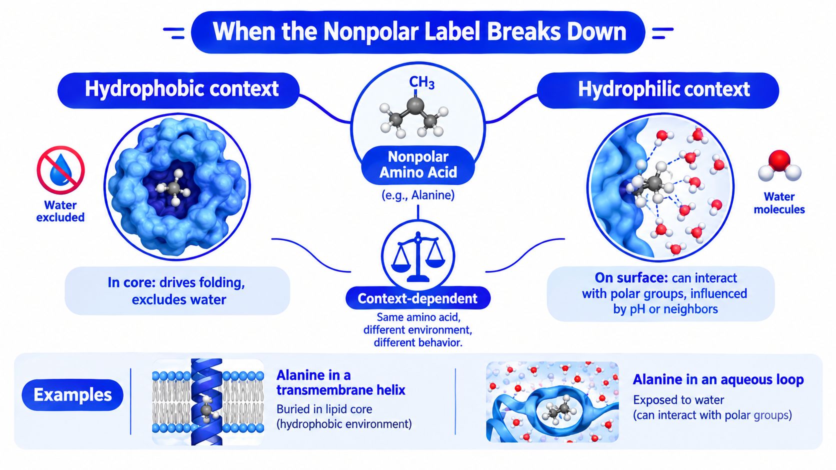 A scientific infographic explaining how nonpolar amino acid behavior depends on the surrounding hydrophobic or hydrophilic environment.