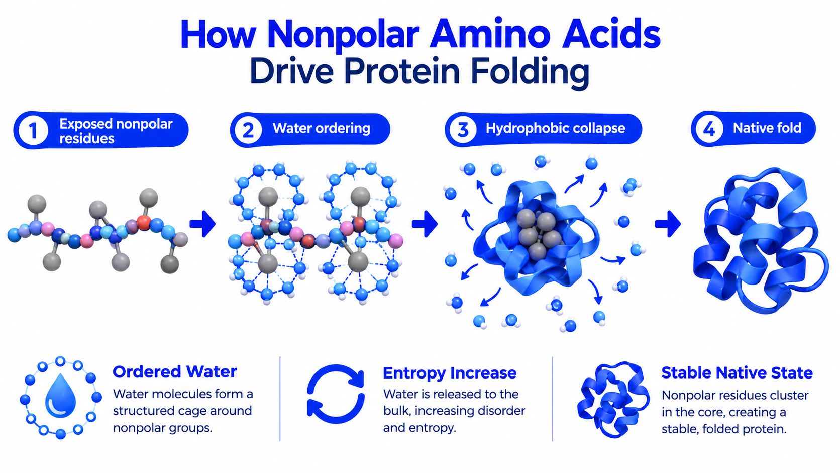 A four-step infographic illustrating how nonpolar amino acids drive protein folding through the hydrophobic effect.