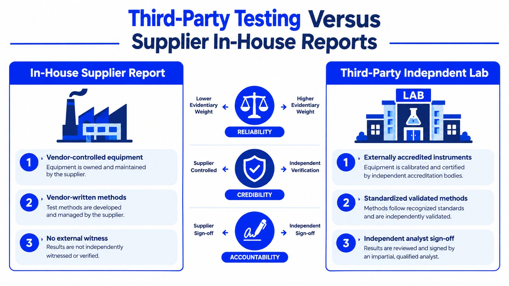 A comparison infographic between supplier in-house testing reports and third-party laboratory testing across three key criteria.