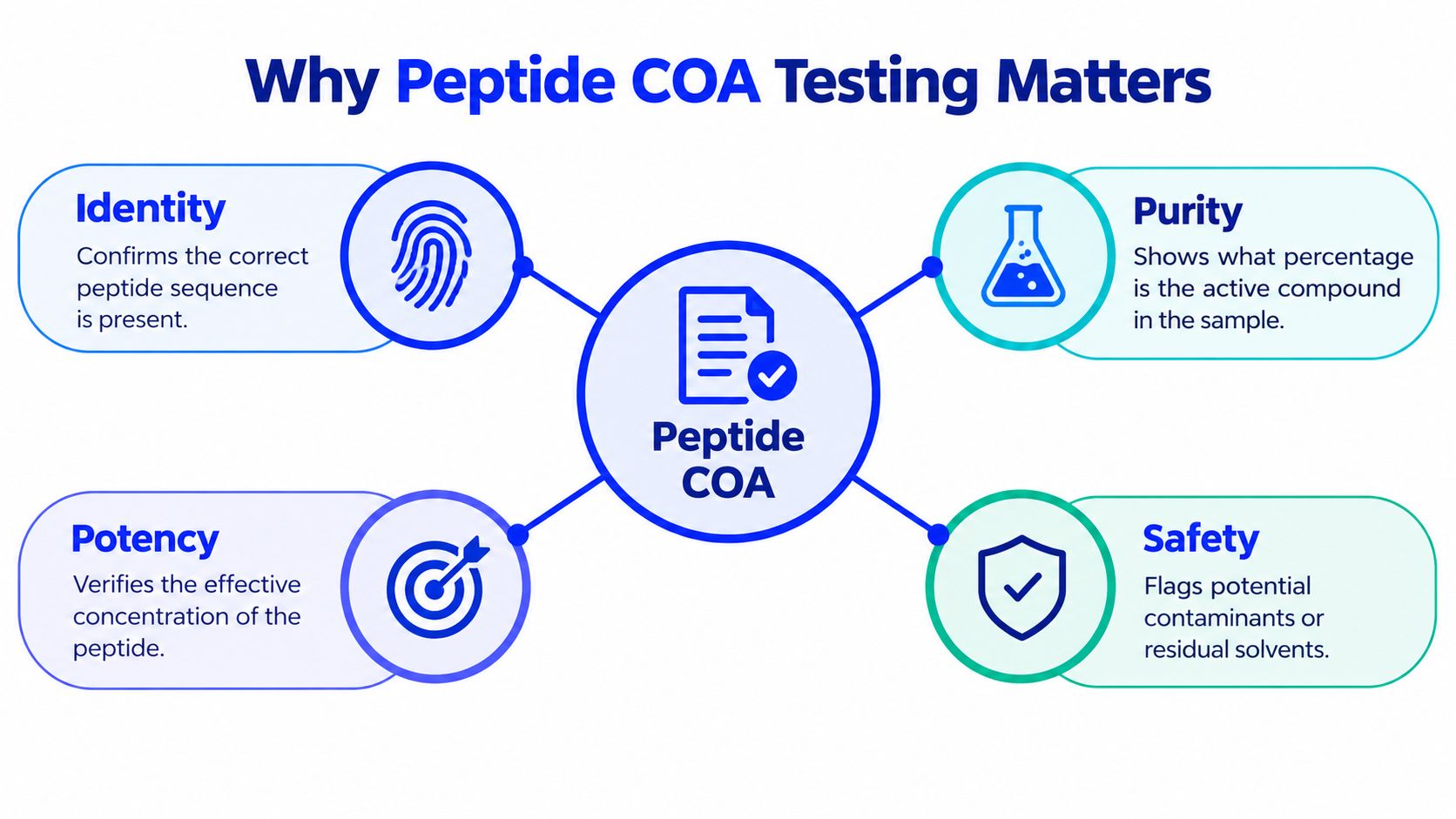 An infographic titled Why Peptide COA Testing Matters, highlighting its importance for product identity, purity, potency, and safety.