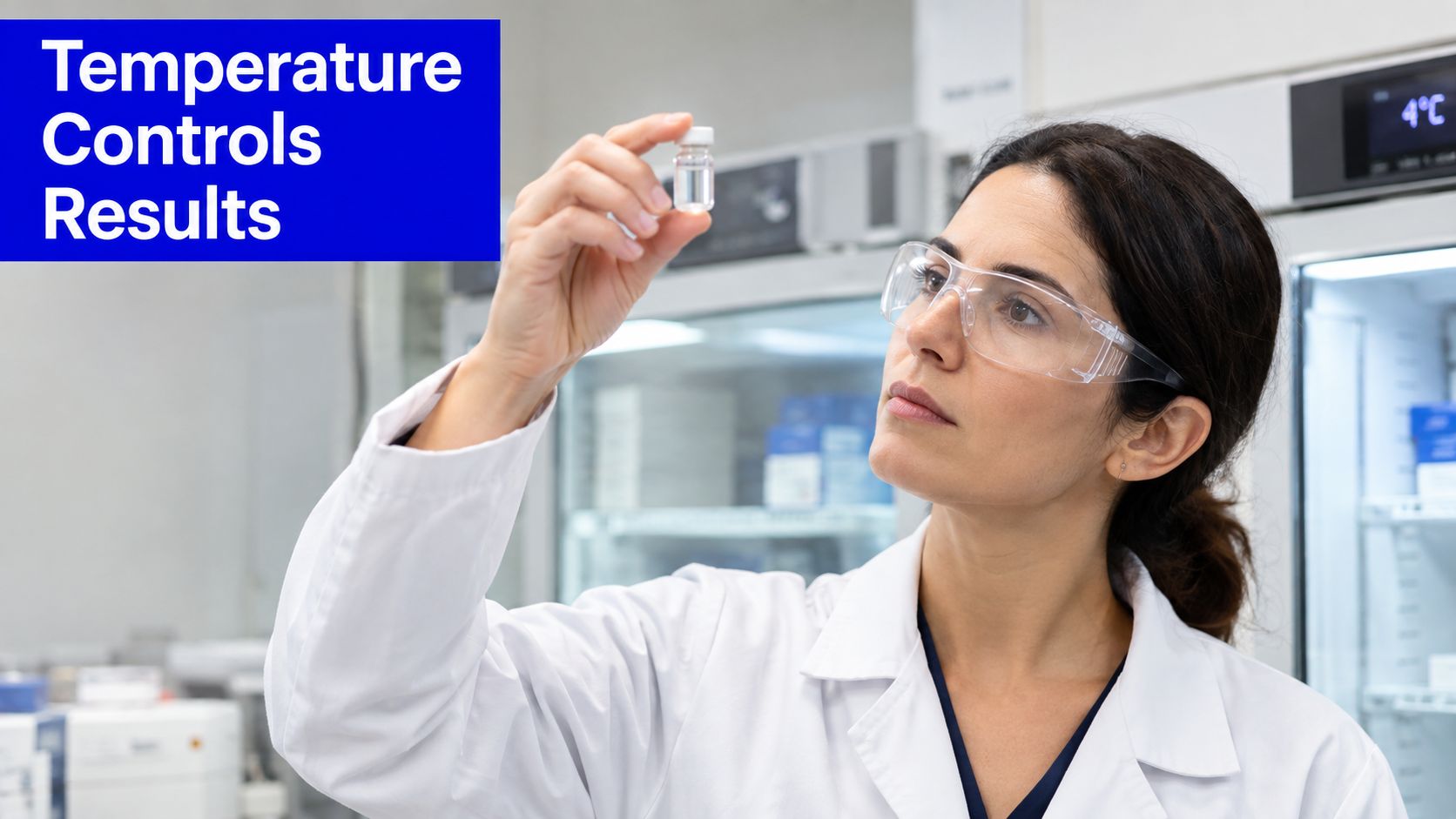 A female scientist in a laboratory holding a small glass vial while checking temperature results.