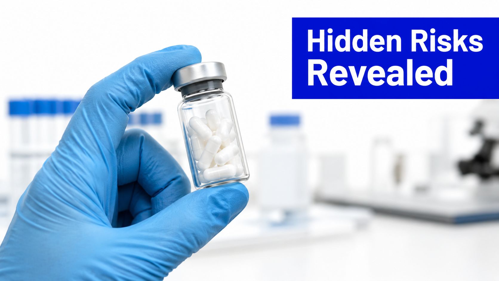 A scientist in a blue glove holds a glass vial filled with white medical supplement capsules.