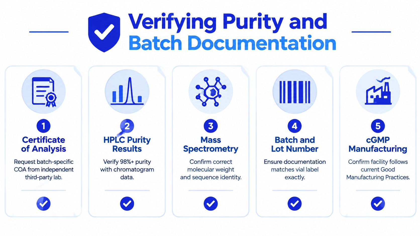 A checklist diagram outlining the five essential steps to verify peptide purity and batch documentation standards.