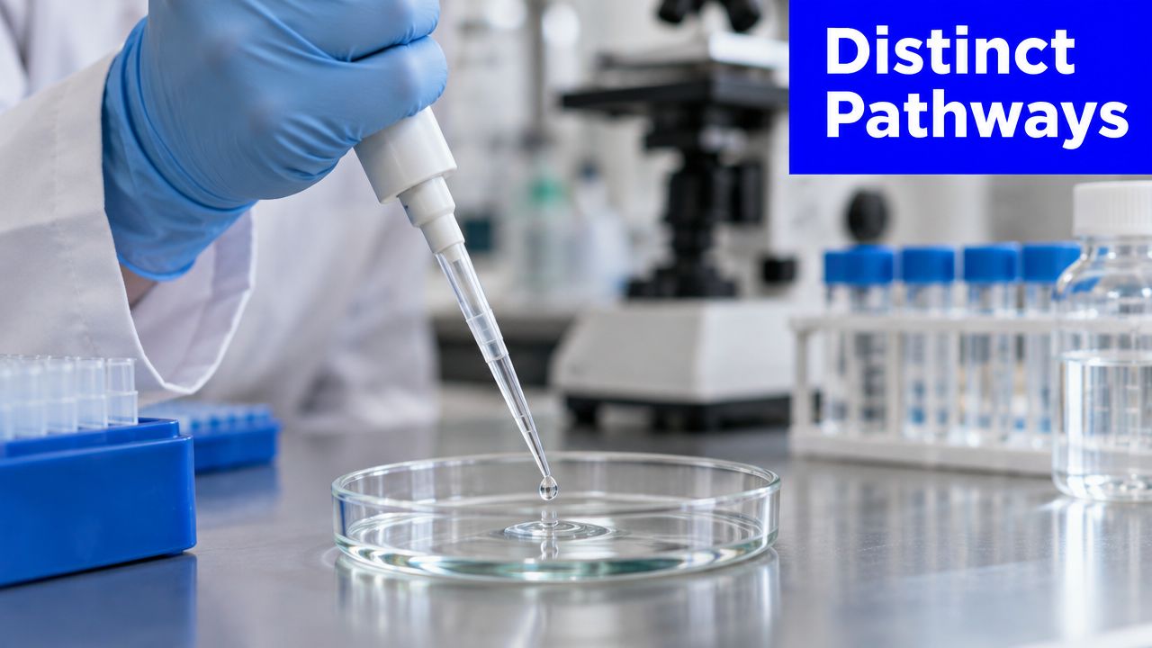 A laboratory scientist wearing blue gloves uses a pipette to deposit a liquid drop into a dish.