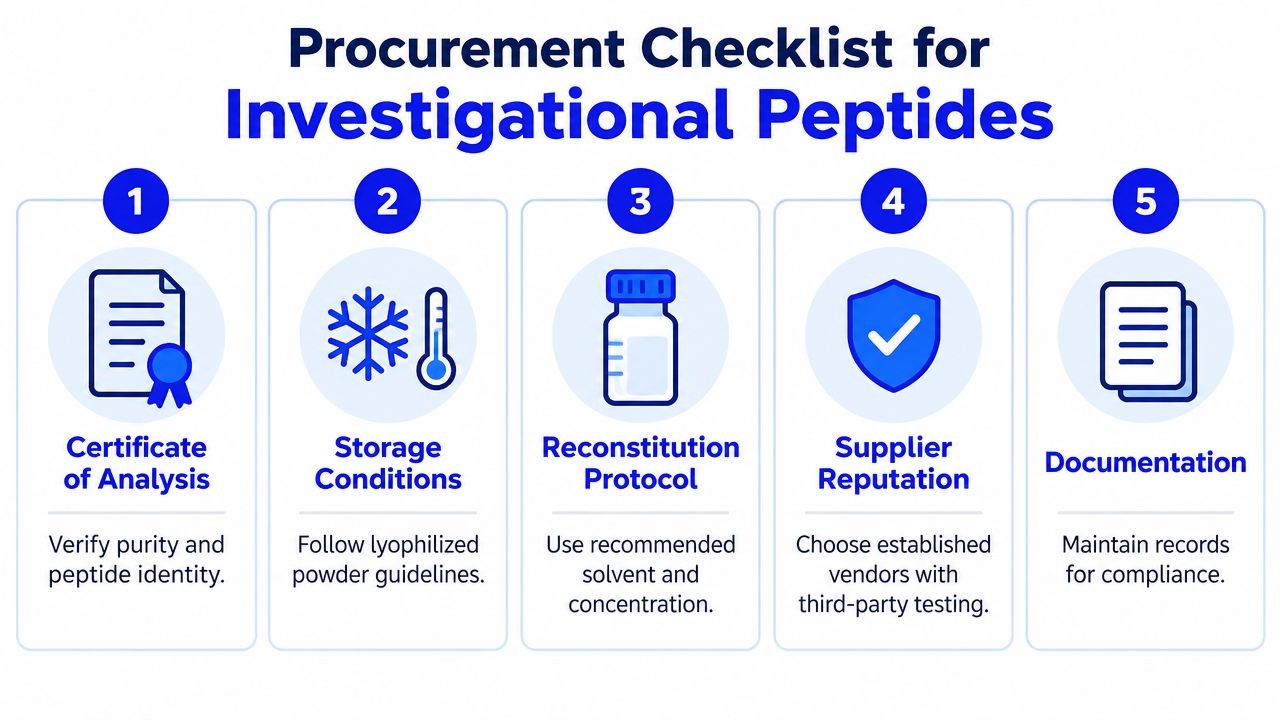 A procurement checklist for investigational peptides outlining five key steps for safety and quality verification.