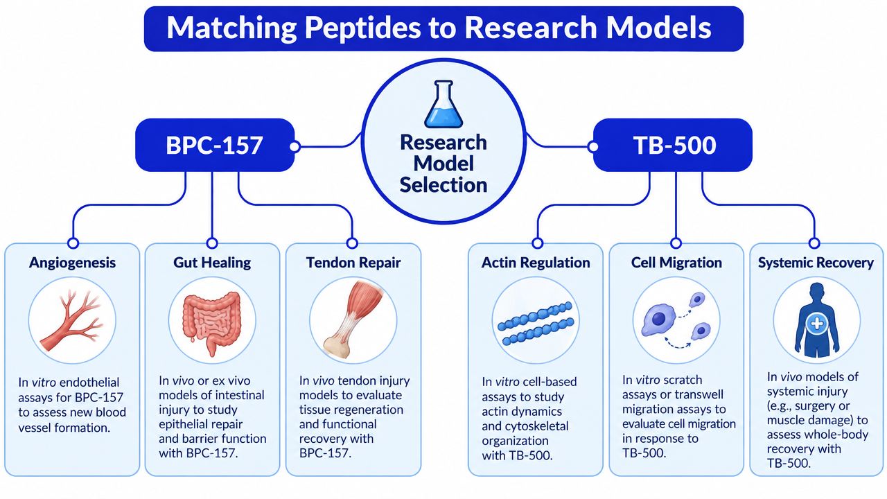 A diagram illustrating matching research models for BPC-157 and TB-500 peptides including angiogenesis, gut healing, and tendon repair.