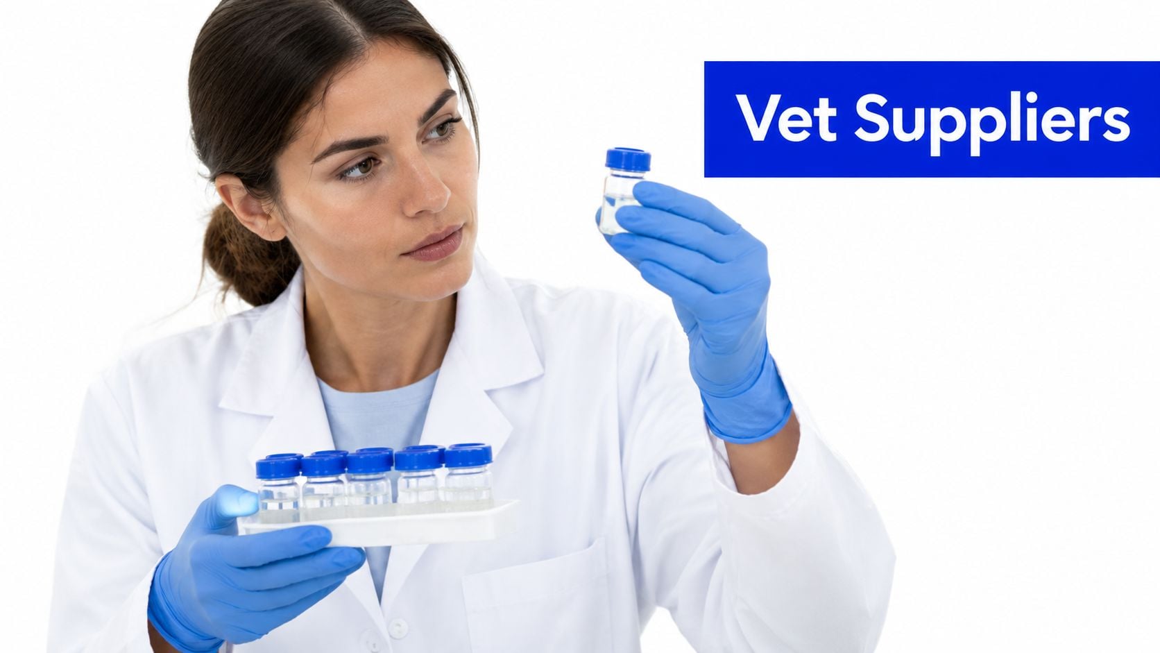 A female scientist in a white coat and blue gloves examining a vial of medication