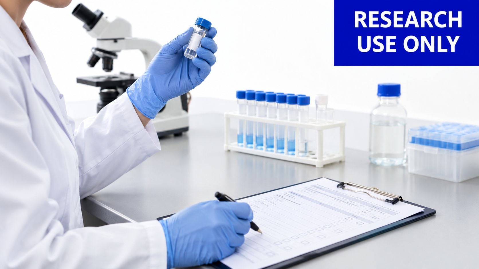 A laboratory scientist in white lab coat and blue gloves analyzing research samples and taking notes.