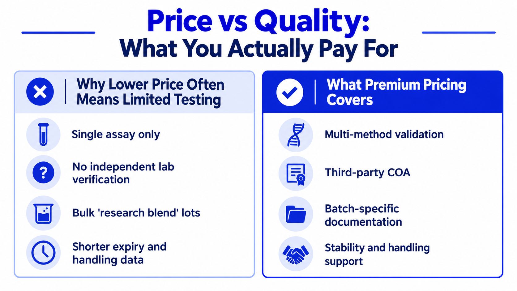 A comparison chart explaining the differences between lower priced products and premium priced quality testing.