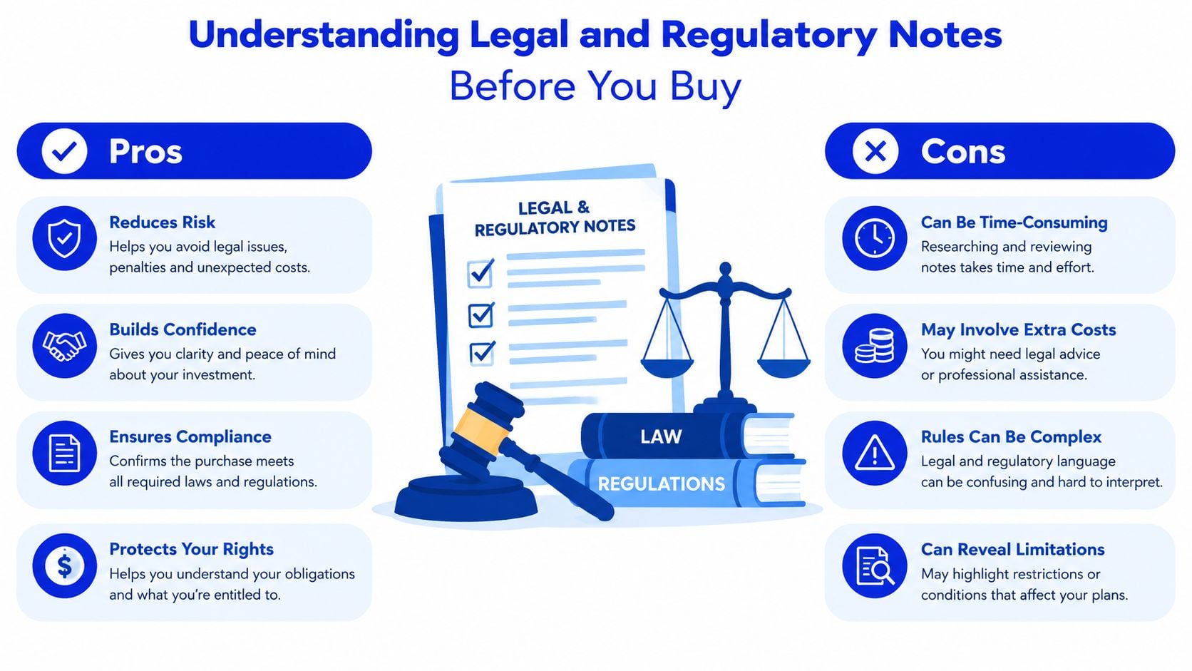 A visual guide comparing the pros and cons of understanding legal and regulatory notes before making a purchase.