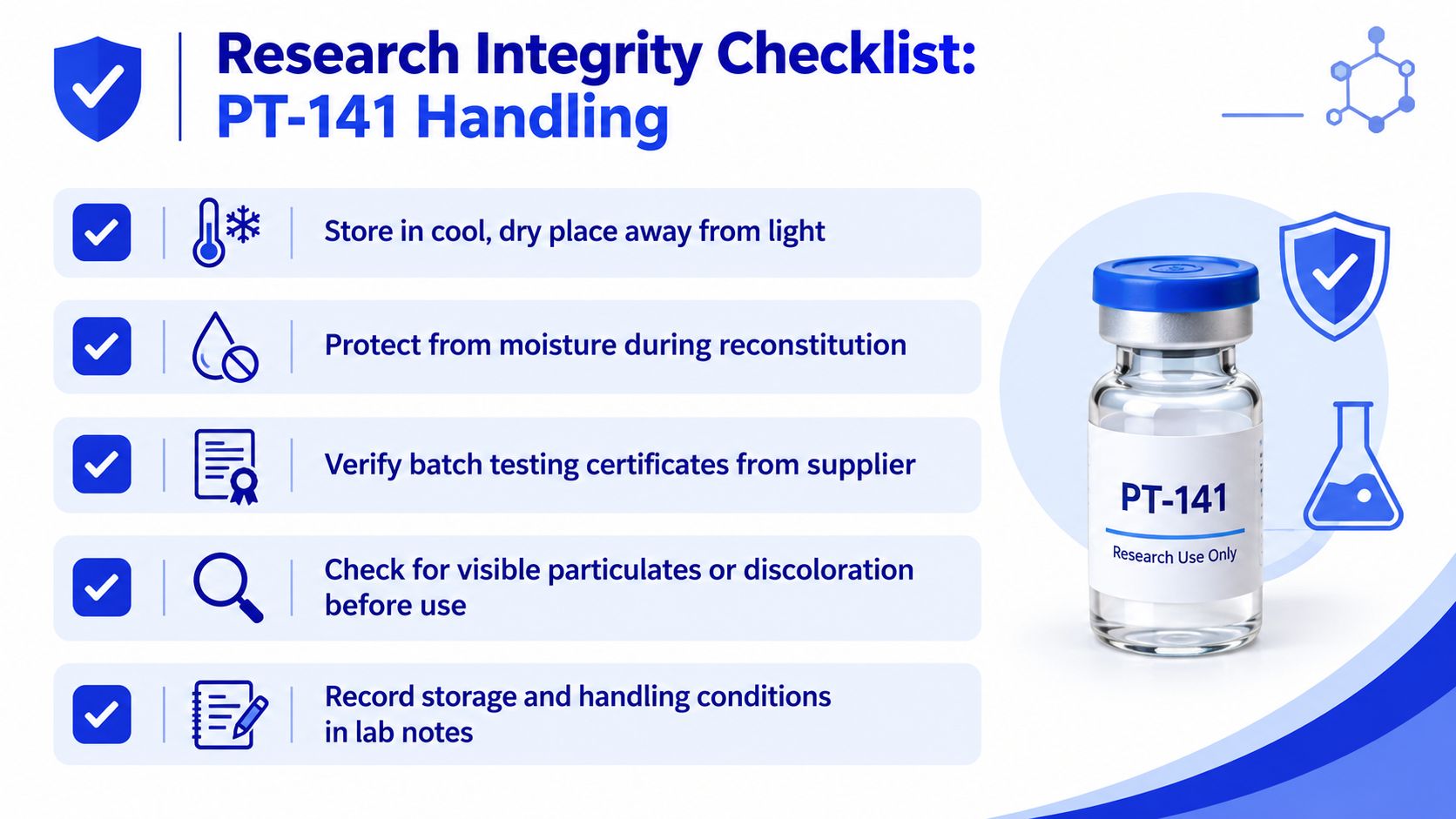 A research integrity checklist infographic detailing the safe handling, storage, and preparation guidelines for PT-141 research peptides.
