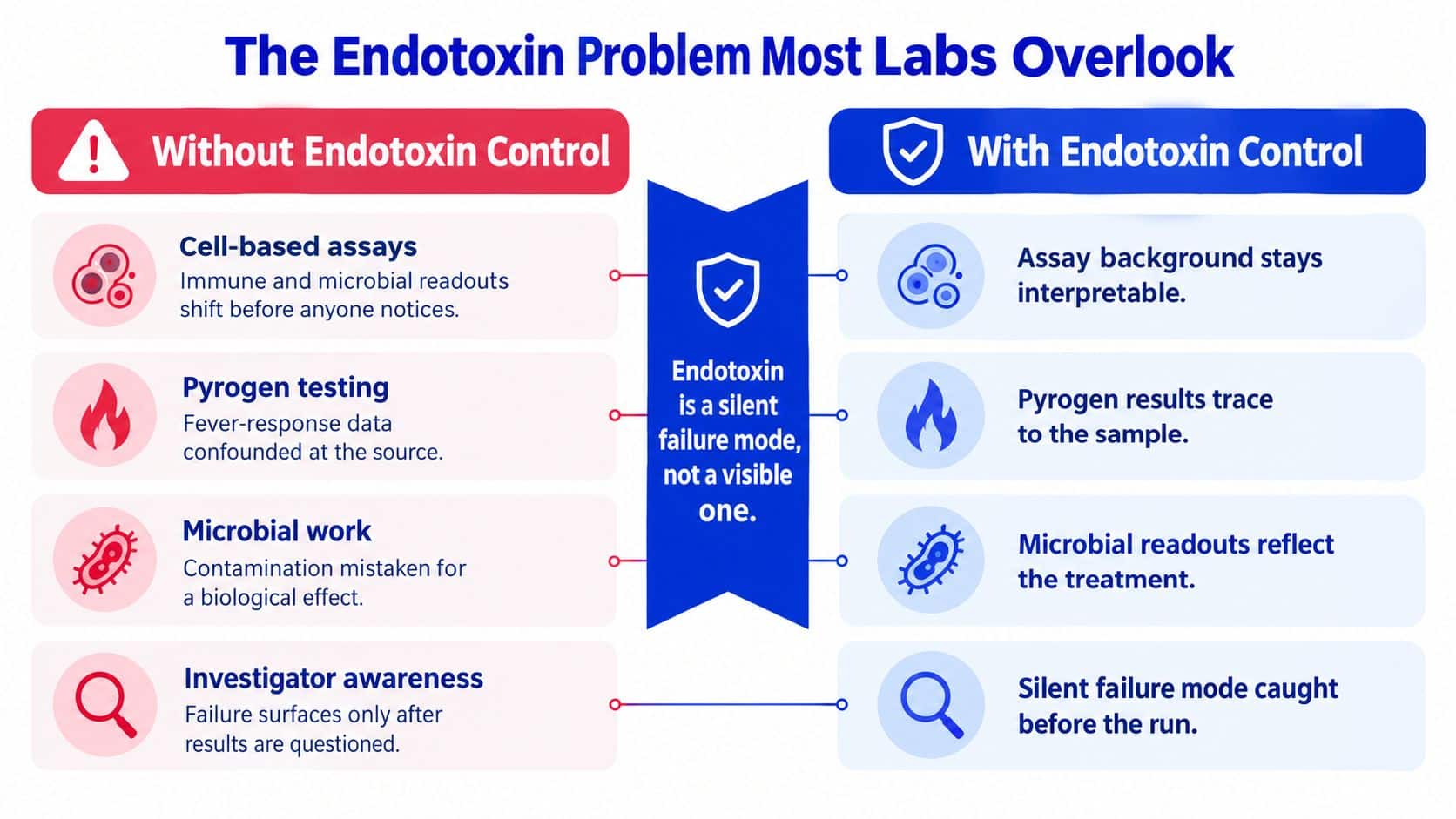 A comparison chart showing how endotoxin control impacts lab processes like assays, testing, and microbial work.