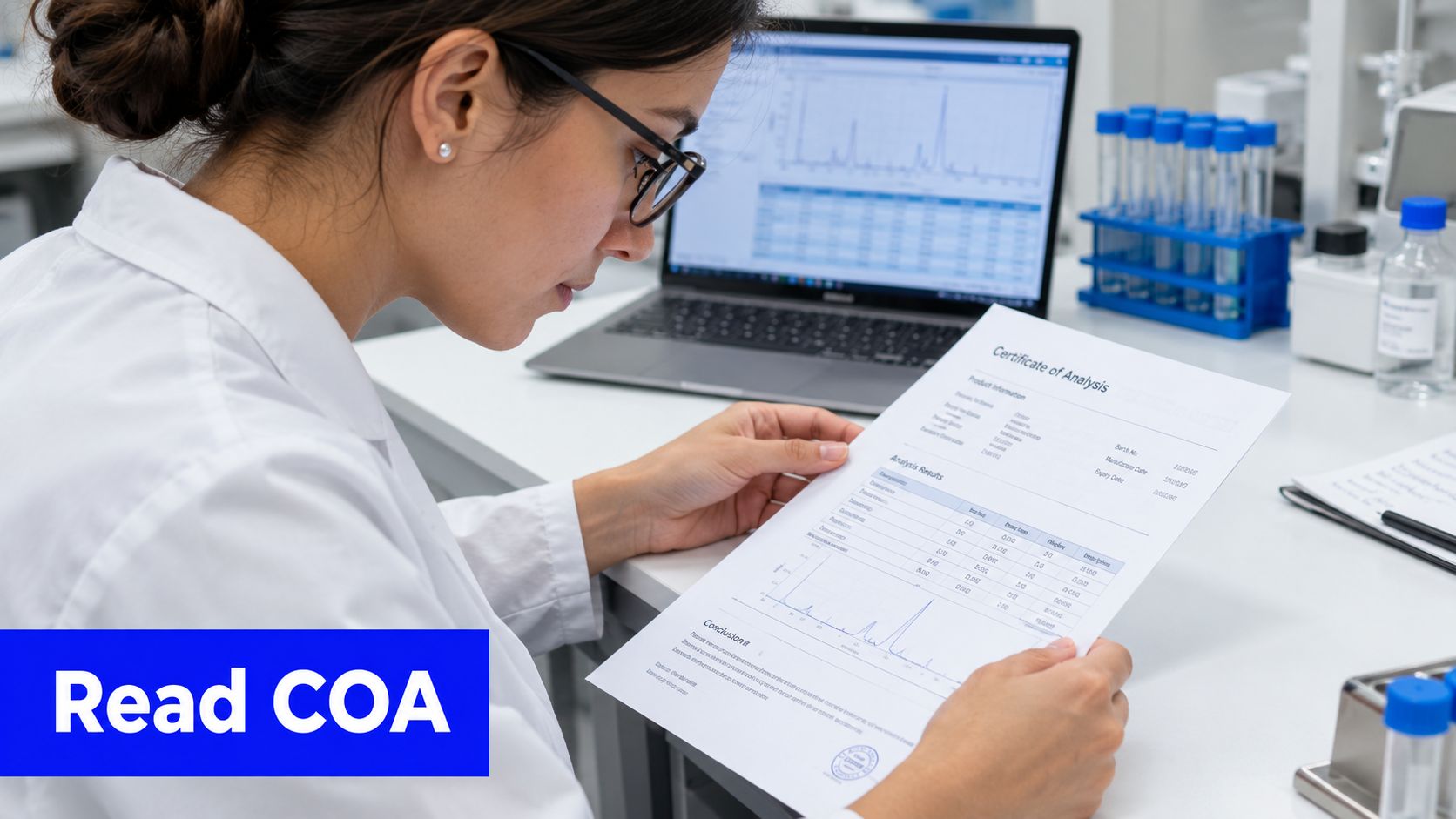 A female laboratory technician in a white lab coat reviewing a Certificate of Analysis document in a lab.