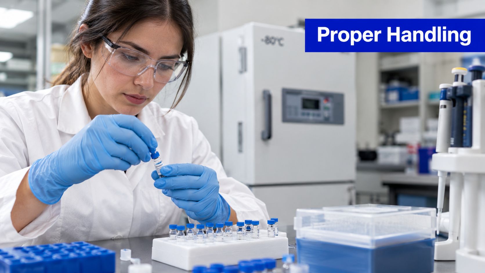 A female scientist in a white lab coat wearing protective eyewear and gloves working with laboratory vials.