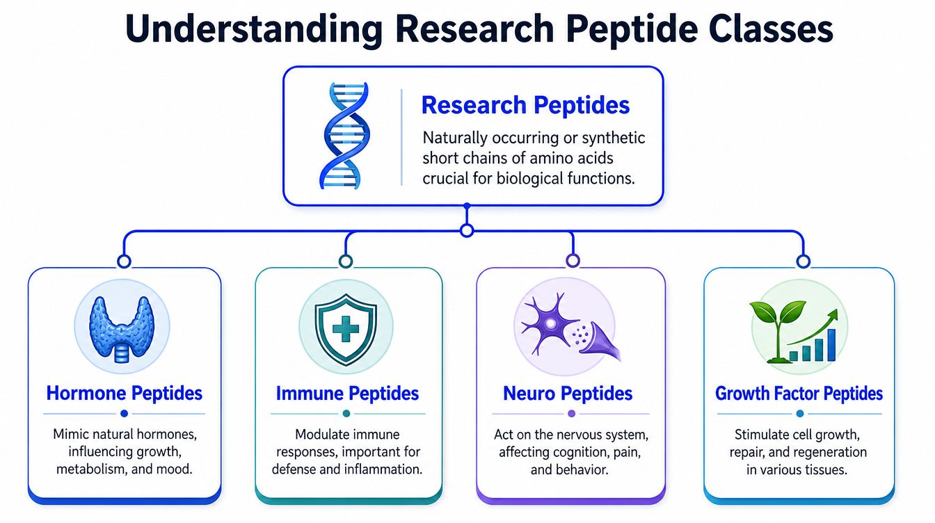 A diagram categorizing research peptides into hormone, immune, neuro, and growth factor peptide classes.