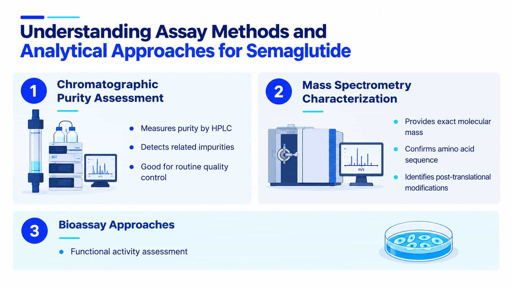 An infographic showing three analytical methods for evaluating semaglutide: chromatographic purity, mass spectrometry, and functional bioassay approaches.
