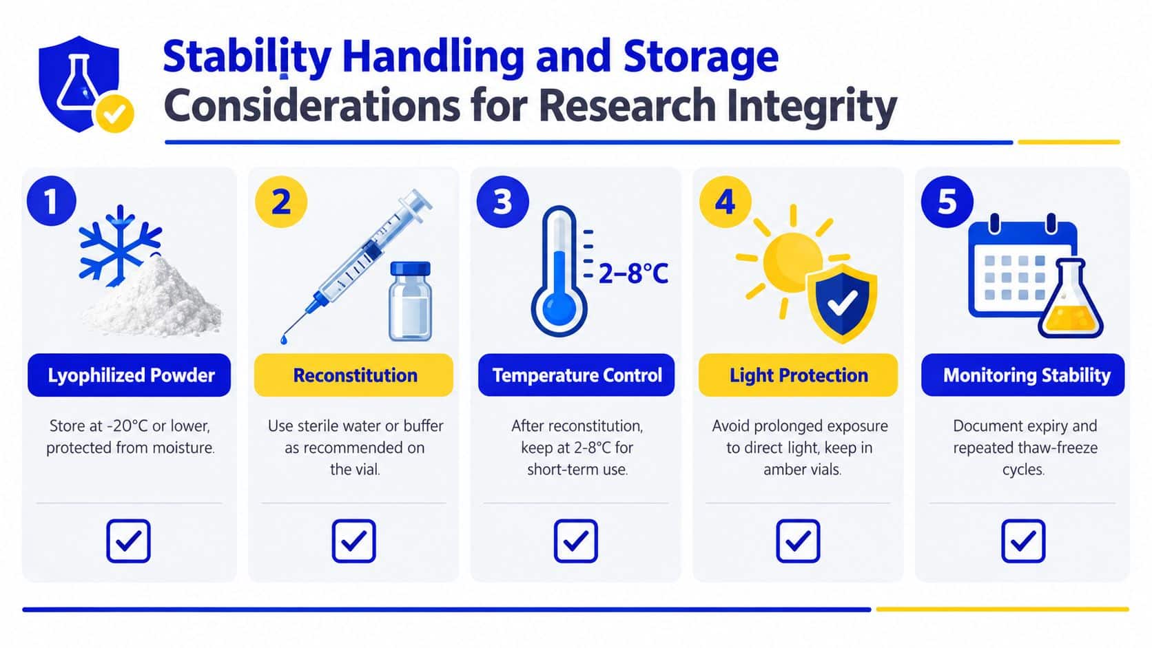 An infographic detailing five essential guidelines for the proper stability, handling, and storage of research materials.