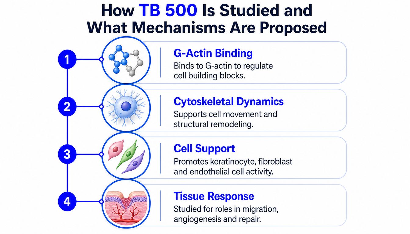 A diagram illustrating the four proposed biological mechanisms of TB-500, including G-actin binding and tissue repair.