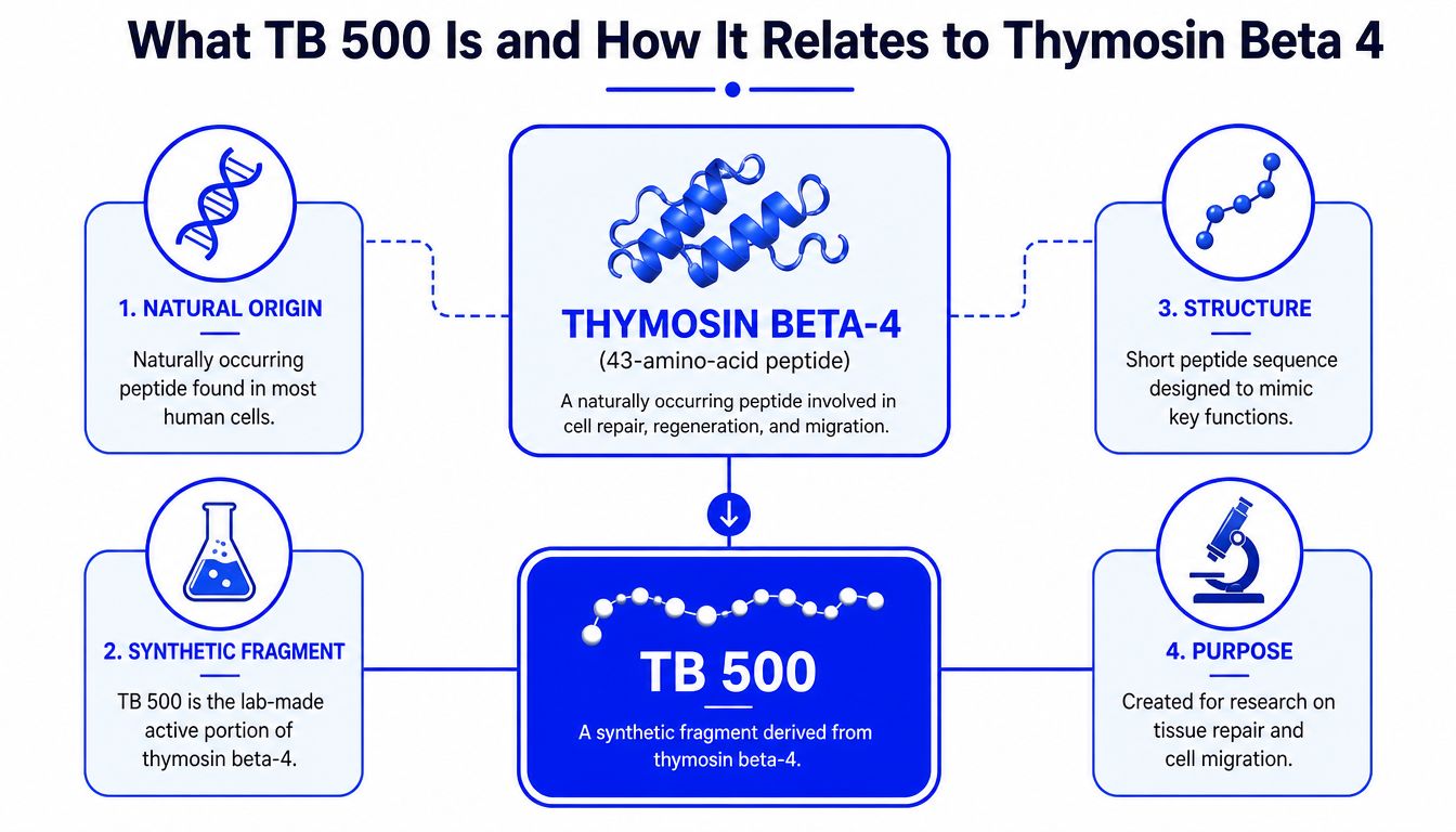 An infographic diagram explaining that TB 500 is a synthetic fragment derived from naturally occurring Thymosin Beta 4.