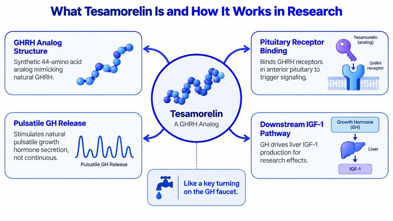 An educational infographic explaining the mechanism of action of the Tesamorelin peptide in research settings.