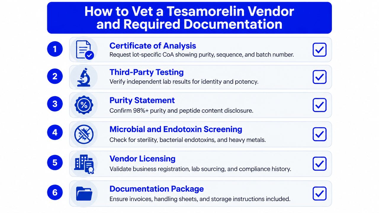 An infographic outlining six critical steps to verify the quality and safety of a Tesamorelin vendor.