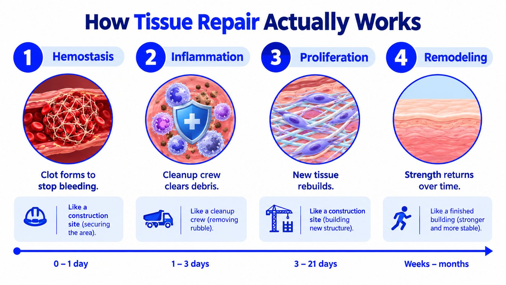A four-step infographic illustrating the biological process of tissue repair, from hemostasis to final remodeling.