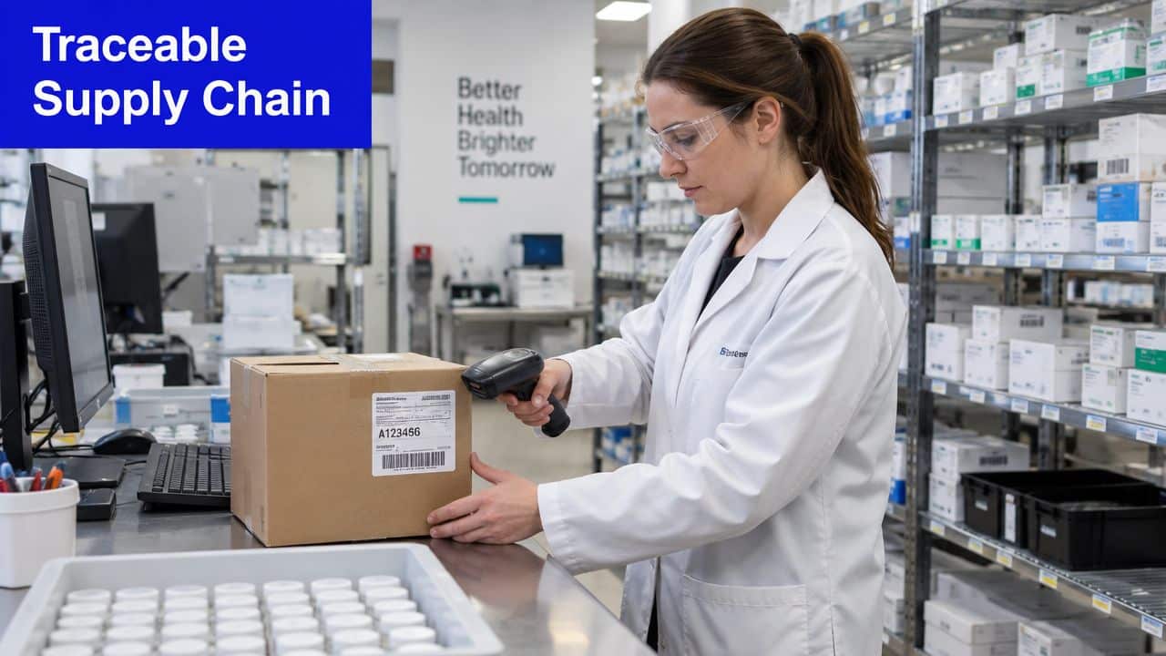 A professional pharmacy technician in a lab coat scanning a package barcode in a medical supply warehouse.