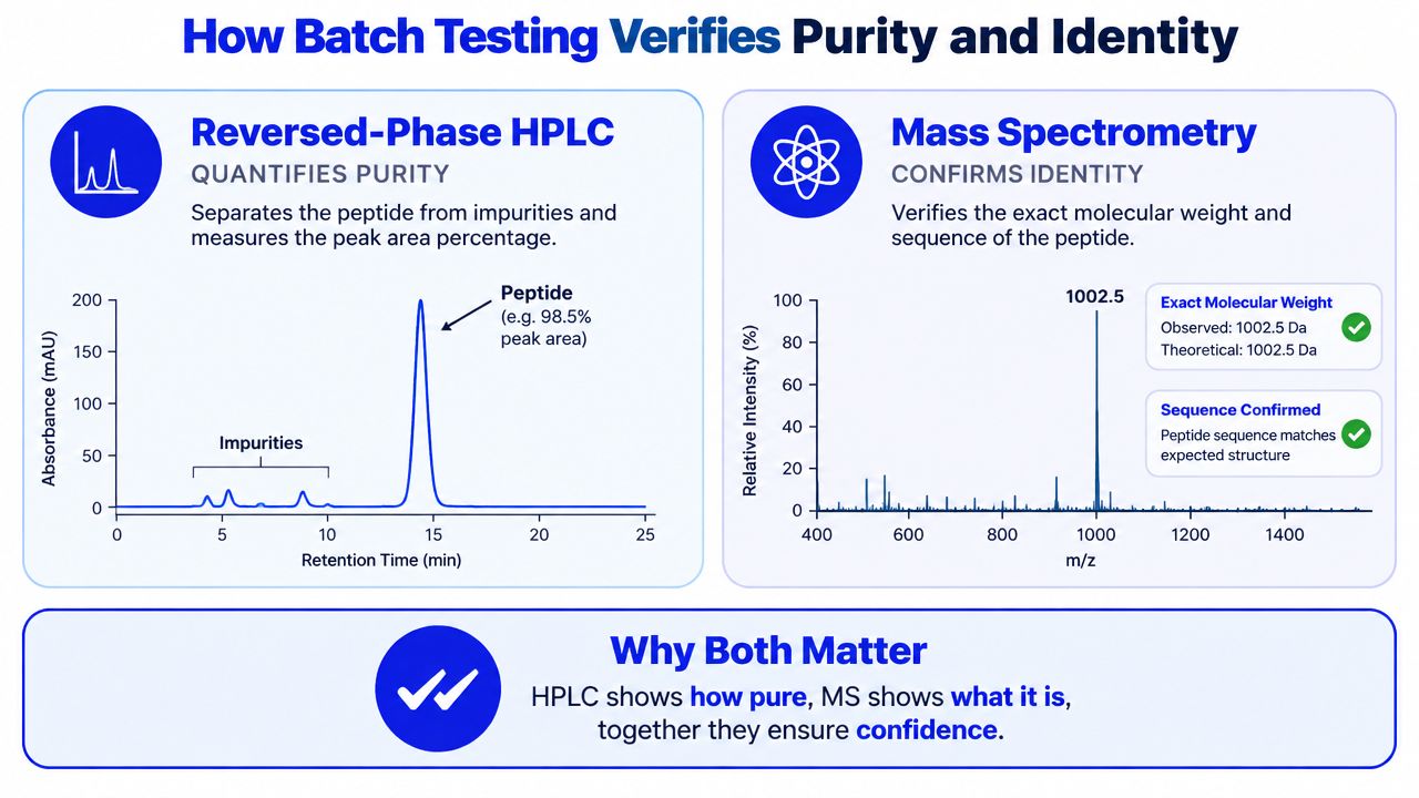 An infographic explaining how batch testing using HPLC and Mass Spectrometry verifies peptide purity and identity.
