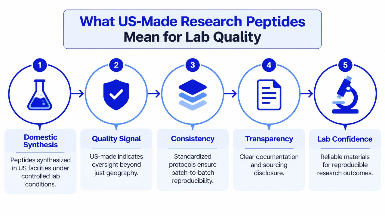 A five-step infographic showing how US-made research peptides improve laboratory quality, consistency, and overall research confidence.