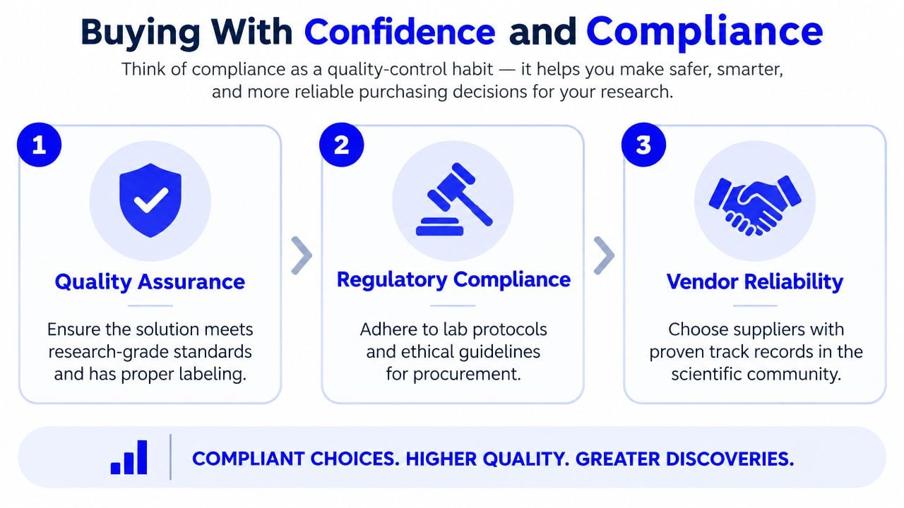 An infographic illustrating three steps for procurement compliance to ensure research quality, regulatory adherence, and vendor reliability.