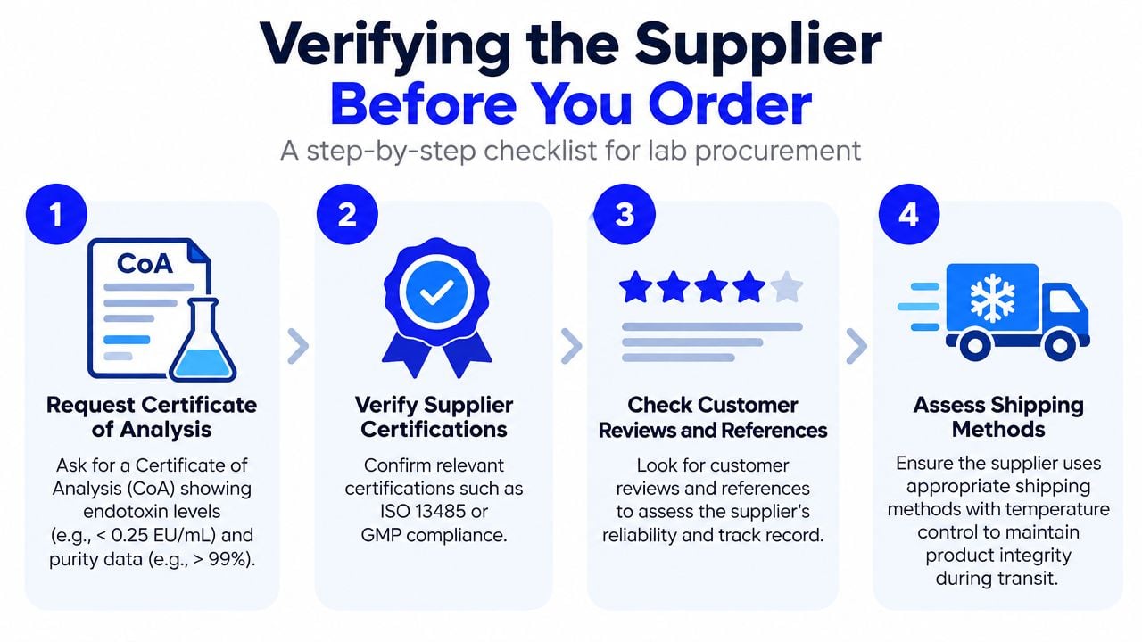 A four-step infographic showing how to verify a laboratory supplier before making a procurement order.