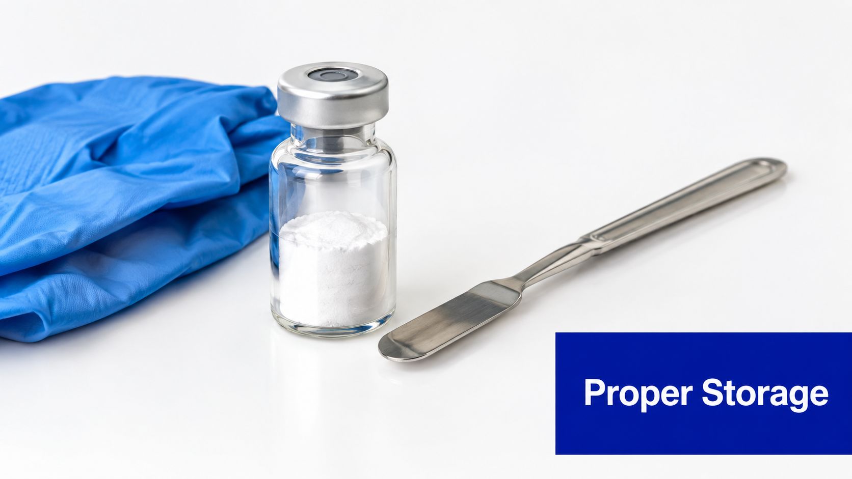 A glass vial containing white powder with a medical spatula and a blue nitrile glove nearby.