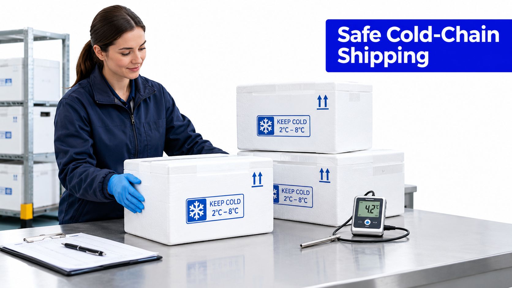 A professional warehouse worker in blue uniform packaging cold-chain medical supplies in insulated styrofoam shipping containers.